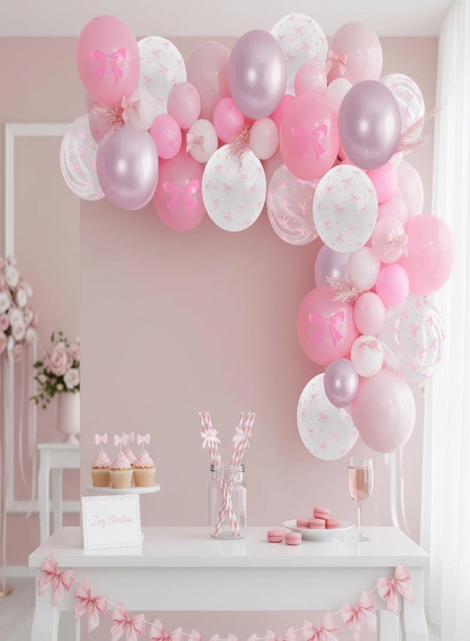 Togvu Pink Bow Balloons, 60 Pcs 12 inch Light Baby Pink Pearl White Balloons, Bow Printed Balloon Metallic Confetti Balloon for Girl Women Princess Birthday Baby Shower Bachelorette Wedding Party Decoration - Image 5